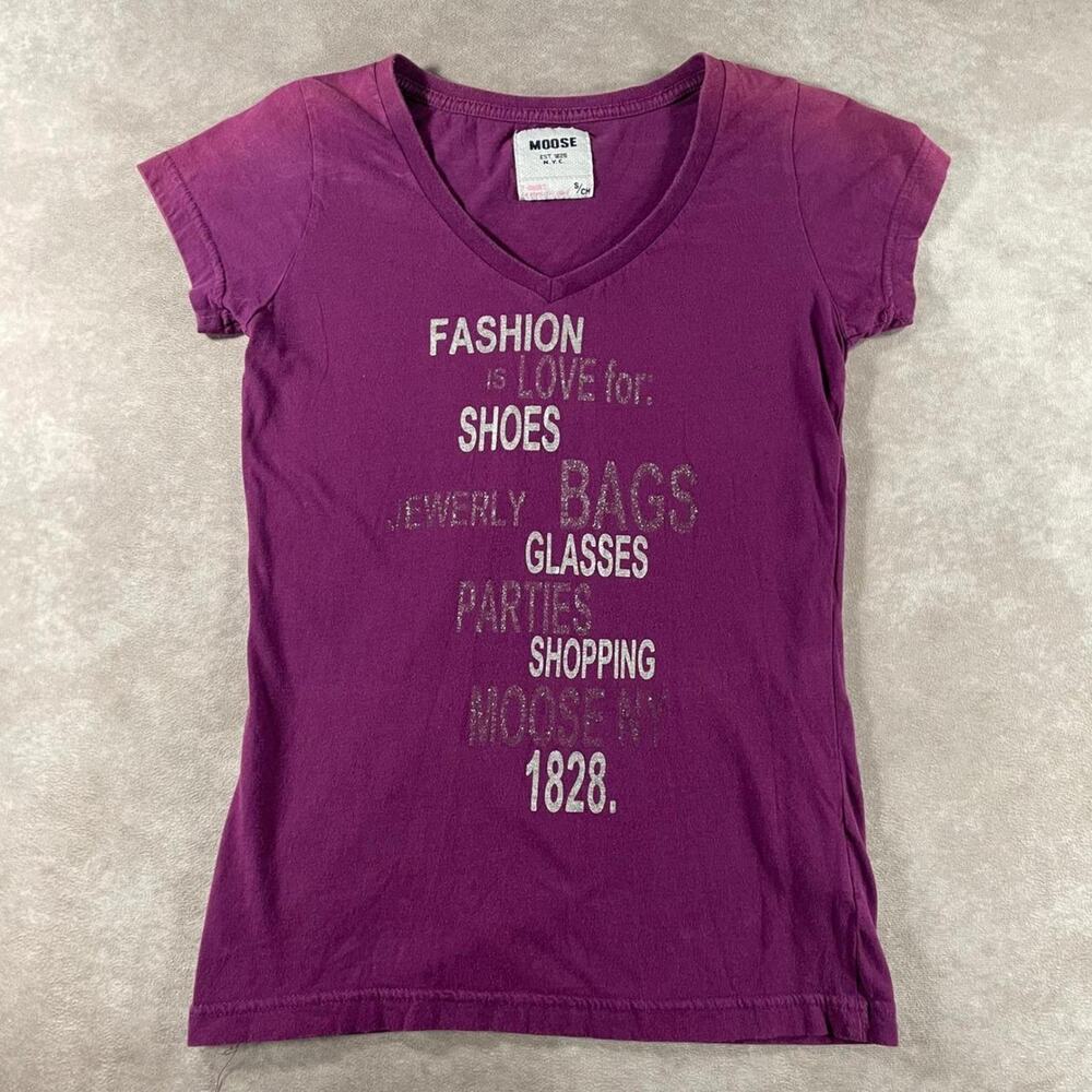 Y2K Chic Moose NYC Women Purple V-Neck T-Shirt Fashion Glitter Print Small